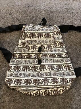 NWOT Kathmandu Imports Boho Ivory Canvas Backpack with Brown Elephant Print